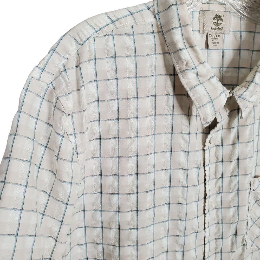 Timberland Mens Sz XXL Shirt Slim Fit Button Up Textured Camp 100% Cotton Plaid - Picture 4 of 7
